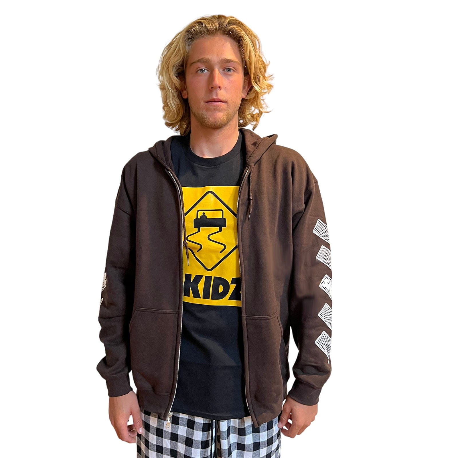 Skidz Tops Dark Chocolate Brown Trippy Check Zip-Up Hoodie
