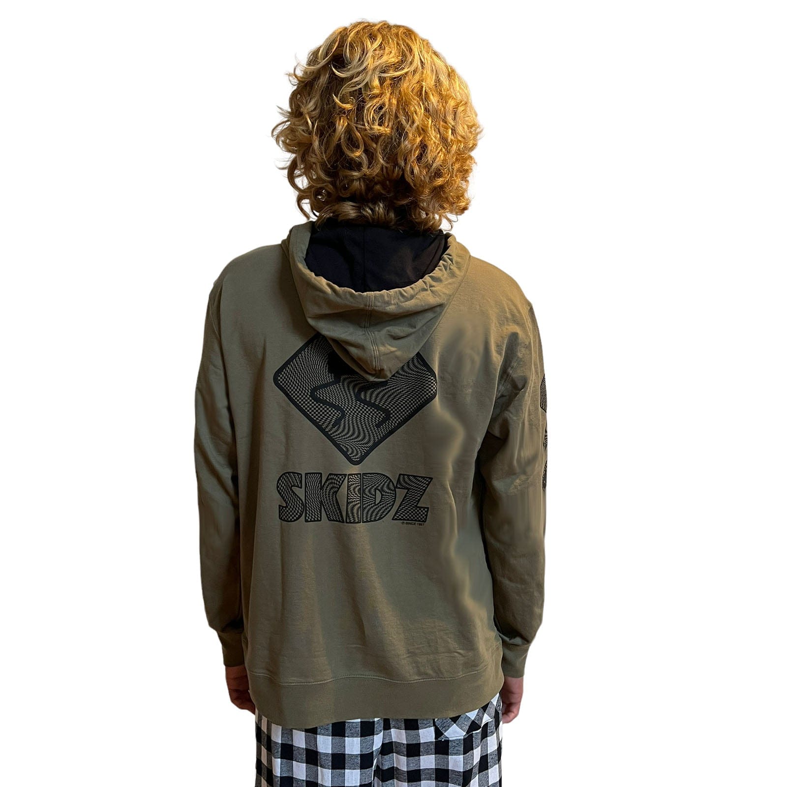 Skidz Tops Military Green Trippy Check Pullover Hoodie