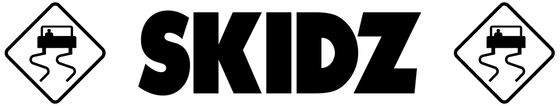 Skidz vector logo in black and white with slippery when wet icons on the right and left. Skidz is a clothing company known for plaid pants, plaid hoodies and graphic t-shirts.